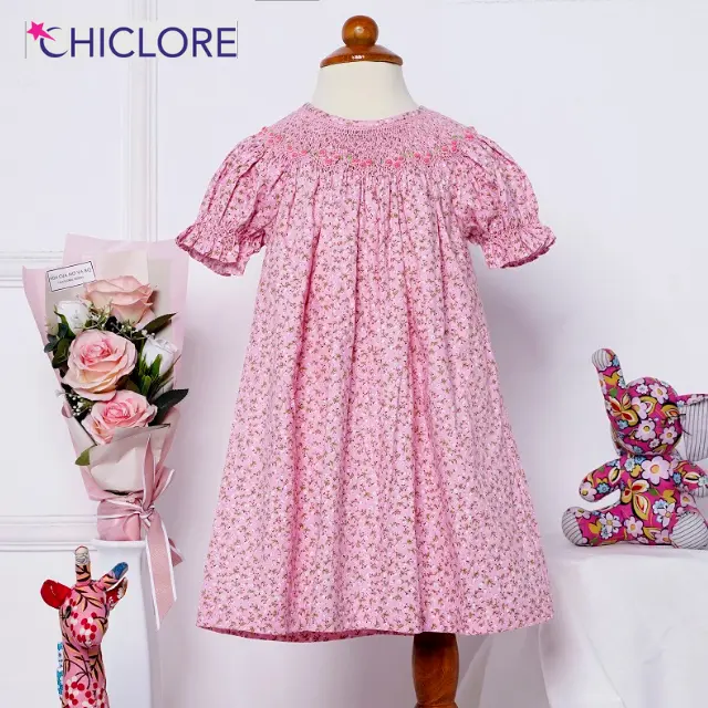 Gaun Butik Vintage Anak Perempuan 2022 Gaun Bunga Smock Buatan Tangan Smocking Katun Bordir Merah Muda Bunga Gaun Baju Bayi