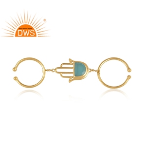 Aqua Chalcedony Gemstone <b>Ring</b> Double Band Silver Chain <b>Finger</b> <b>Ring</b> Gold Plated Silver Hamsa <b>Ring</b> Jewelry Supplier - Product Image 2