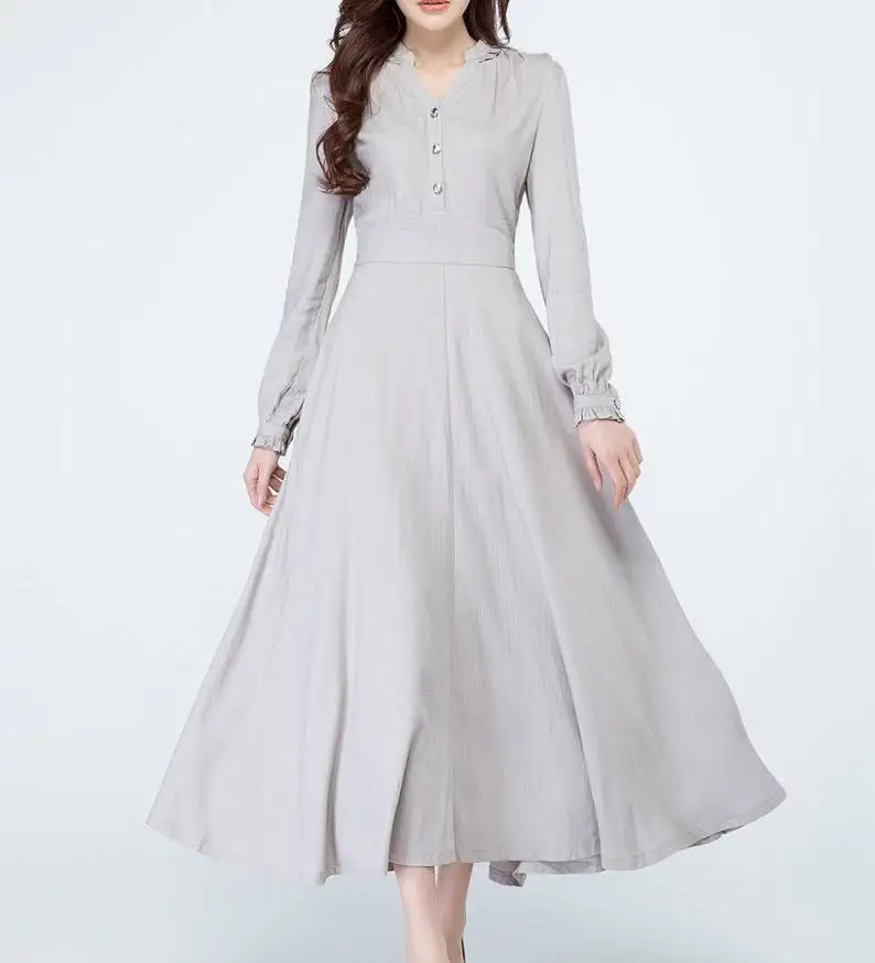 2021 New Arrival fashionable trending latest 100% linen light gray color floor length o-neck long sleeve solid women linen dress