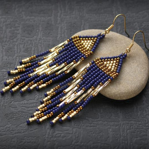 Navy Blue and Gold Seed Bead Earrings - Product Image 1