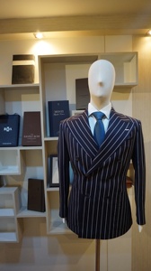 Costume d'affaires sur mesure unisexe à double boutonnage, rayé bleu/blanc, manches longues, col en V, ensemble 2 pièces, grande taille, respirant, anti-froissement - Product Image 5