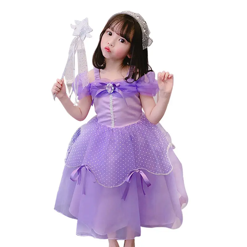 Summer Ins Style Purple Bows Tulle Fancy Sofia Moana Princess Cosplay Slip Dress Tutu Girl Dress Girls Dresses