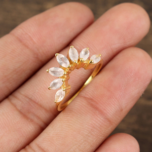 Bague en quartz rose naturel, bijoux fins en argent sterling 925 plaqué or, forme de couronne, cadeau pour adolescent, quartz rose, fête - Product Image 4