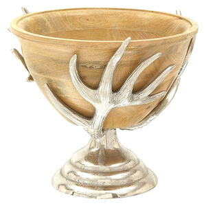 Bol de service rond en bois écologique fait à la main, avec support en métal argenté pour décor de mariage, bol de serveur pour salade de fruits - Product Image 2