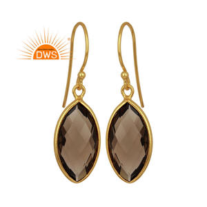 Marquise Shaped Gold Plated Silver Earring Smoky Quartz Gemstone Earrings Designer Hook Wire Earring Supplier - Product Image 1