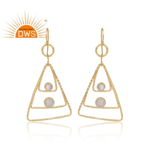 Arcoíris Natural Moon Stone-fabricante de joyería, pendientes de aro de plata chapados en oro, triangulares - Product Image 4