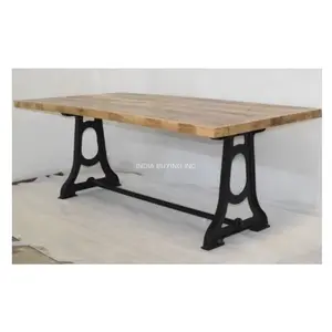 घरेलू फर्नीचर के लिए आम की लकड़ी के शीर्ष के साथ औद्योगिक विंटेज फर्नीचर क्रैंक आयरन टेबल्स बेस रेट्रो डिजाइन स्टाइल डाइनिंग टेबल