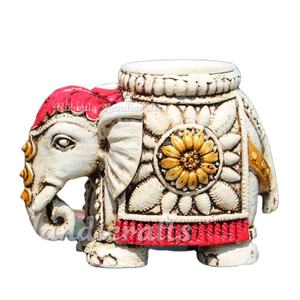 Porte-bougie ovale en bois fait main de style bohème blanc, porte-bougie à la bougie chauffe-plat, élément décoratif en fer en forme d'éléphant, décoration d'intérieur Nirmala - Product Image 1