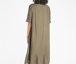 Olive Green Turn-Down Collar Shirt Dress Midi Length <b>Short</b> Sleeve Loose Fit 100% Cotton Casual Daily Wear Woven Fabric - Product Image 6