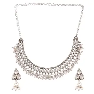 印度珠宝CZ水晶人造珍珠滴项链耳环珠宝套装印度珠宝批发，白色