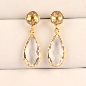 Briolette ตัดคริสตัลควอตซ์ต่างหูทองเหลืองชุบทอง18K ต่างหูพลอยรูปลูกแพร์ - Product Image 1
