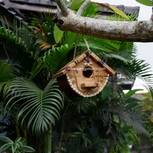 Simple Design Wooden Bird House with Banana Barks Flowers Motif Natural Colors with Capiz Frame Hanging Garden Decoration