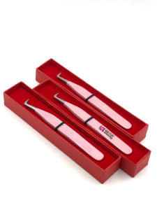 Pince à épiler en acier inoxydable pour extension de cils à pointe argentée avec revêtement en poudre rose clair à 90 degrés vente en gros - Product Image 2