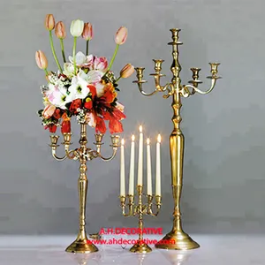 Candelabros antiguos dorados para candelabros altos de piso para decoración de bodas y fiestas, candelabros hechos a mano de aluminio de 5 brazos