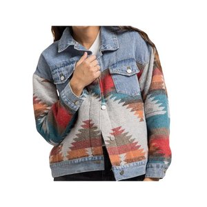 Women's Vintage Denim <b>Jacket</b> with Geometric Print Long Sleeve Lapel Cardigan for Winter Junior Size - Product Image 3