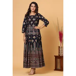 Wholesale Lot of Blue Gold Printed Cotton Ethnic Gown for womens