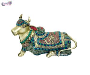 Sculpture de vache en laiton doré avec pierre, fait à la main, pour décoration de la maison, du Temple, cadeau de Festival - Product Image 3