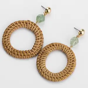 Round rattan earring parts for women fashion straw earrings cheap price wholesale