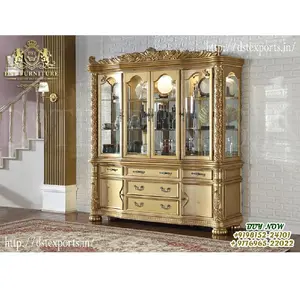 French Style Provincial 4 Door Curio Cabinet Victorian Carved Silver Finish Glass Cabinet Traditional Dining Room Cabinet