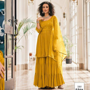 Costume Sharara couleur jaune unie Kurti pour femme, tailleur de styliste, vêtements de fête, Sharara, rouge, nouvelle collection - Product Image 5