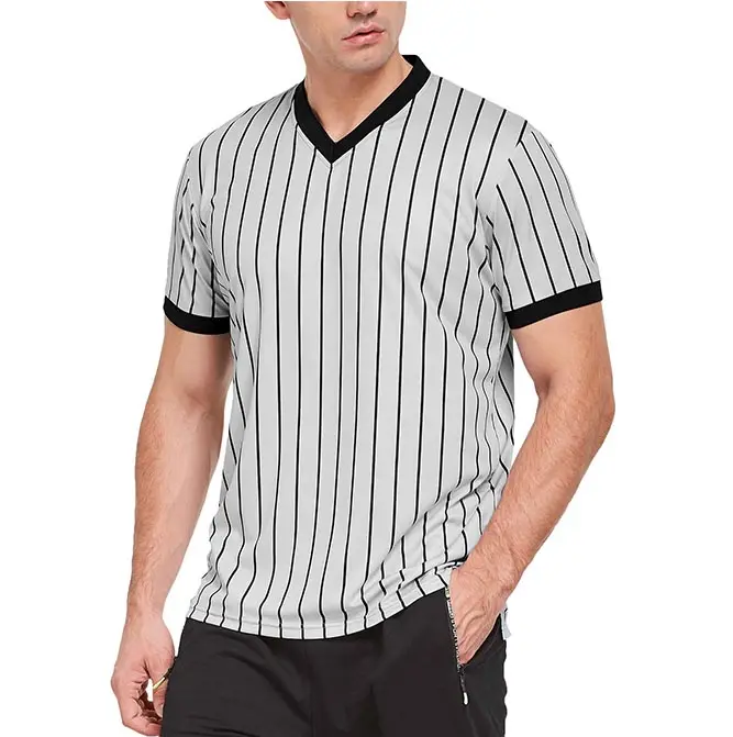 Sublimation Mesh Inter lock V-Ausschnitt Performance Mesh Schiedsrichter Shirt mit schwarzen Nadel streifen Baseball Softball Fußball Schiedsrichter Trikot