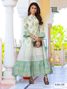 Vestido de algodón con estampado Floral de Anarkali Kurti, traje tradicional hecho a mano de diseñador indio, regalo de San Valentín, gris - Product Image 2