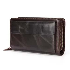 Brand Double Zip Genuine Leather Clutch Wallet Men Zipper Big Purse Long Money Wallet With Wrist Belt Phone Bag Purses MBF-0545