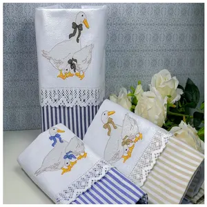Wholesale Custom Embroidery Cute Ducks Design Kitchen Towels Cotton Lace Hand Towels Quang Thanh Embroidery