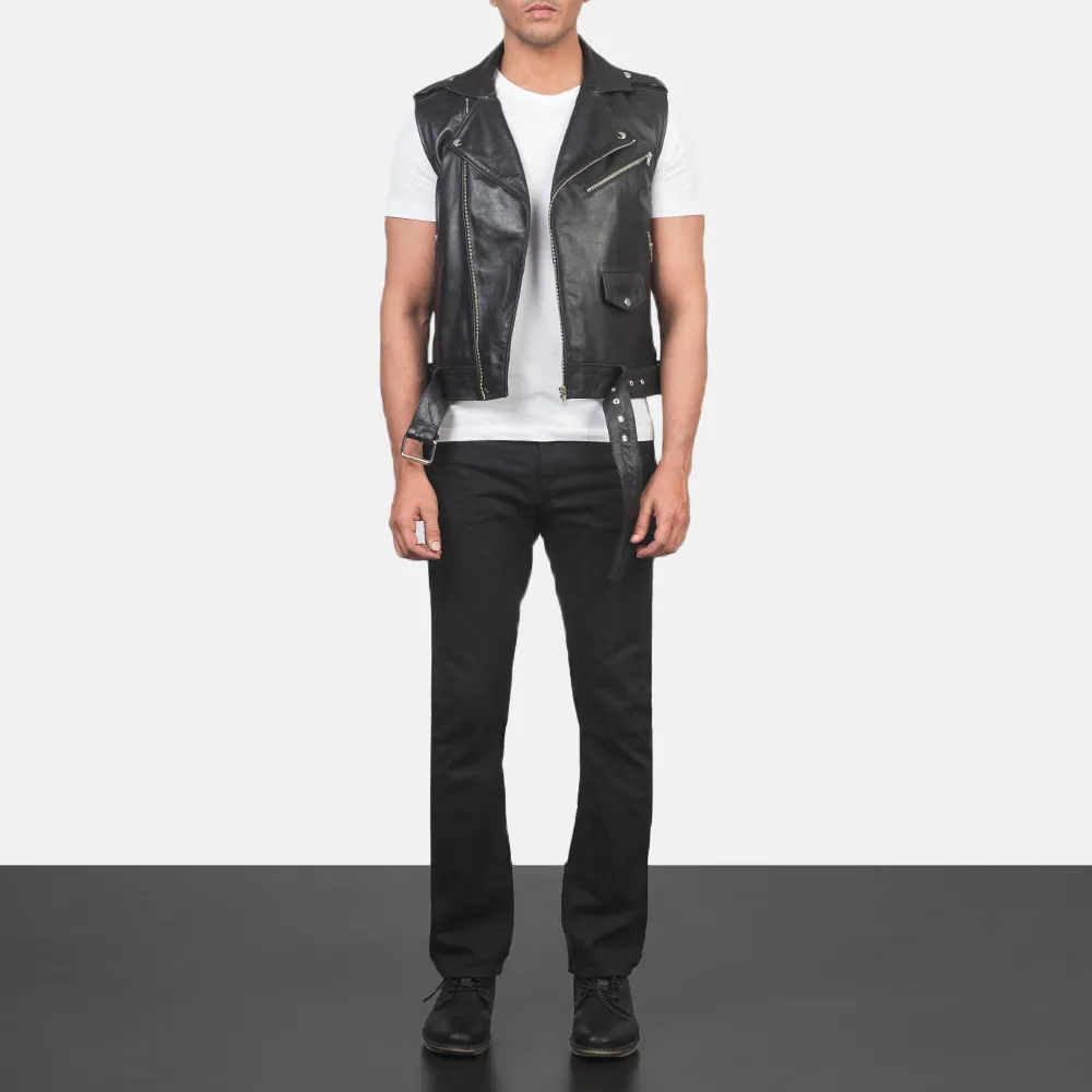 2021 New Arrival Men's Black Leather Biker Vest With Customized Size And 100% Genuine Cowhide Leather