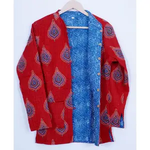 赤と青の手作りキルティングジャケットレディースウェアコットンコート新しいスタイルの自由奔放に生きるコットンジャケット & コートリバーシブルカンタジャケット