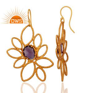 Fleur Design18k Jaune En Laiton Plaqué Or Boucle D'oreille De Mode Bijoux Fournisseur Naturel Améthyste Pierre Précieuse Boucle D'oreille Bijoux Grossiste - Product Image 2