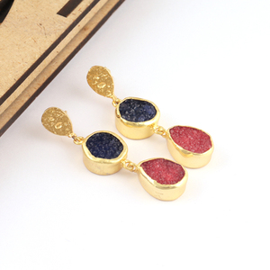 Boucles d'oreilles pendantes Druzy en cristal naturel plaqué or 18 carats, longue paire, bijoux cloutés en laiton à la mode - Product Image 4