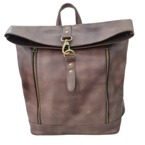 Sac à dos roll-top en cuir véritable unisexe doublure en lin résistant à l'eau bandoulière antivol simple motif logo-femmes - Product Image 1