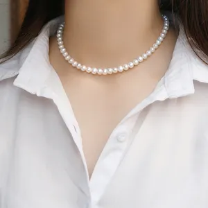 VAF simüle zarif yuvarlak beyaz S925 gerdanlık cam inci kolye doğal tatlısu kolye kadınlar için