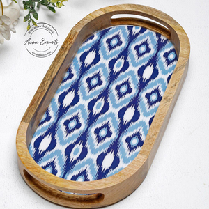 <b>Oval</b> Wood Storage Tray With Blue Ikat Pattern And Handles For <b>Table</b> Use - Product Image 1