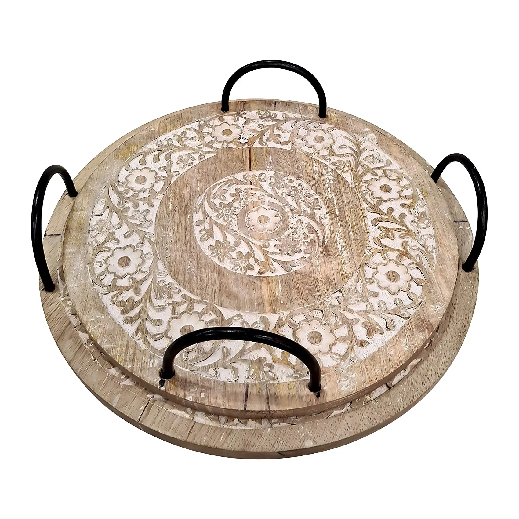 Hand-Carved Round wooden serving trays with metal handles Natural Wood platters Round Wooden Big plates Suppliers