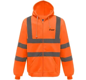 Orange Fleece Hoodie with reflective tape Zipper Front Safety Jacket with Pockets