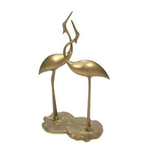 Amazing Pair Of Crane Structure Golden Table Top Design Artistic Interior Bird Sculpture Metal Handicrafts On Sale