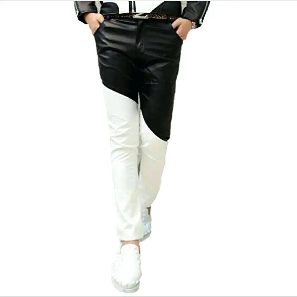 Brand leather pants\Motorcycle Men's Leather Trousers Slight Leg Long Pants Rock Gothic Pants