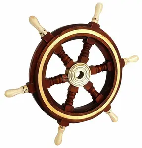 环形和手柄船轮船用航海家居装饰船转向黄铜和木材与黄铜海洋复古风格12英寸柚木