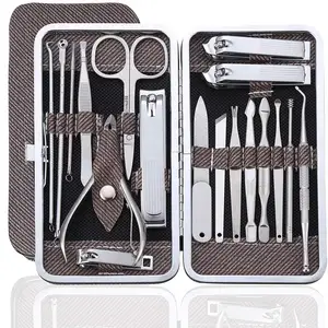 Manicure Kit Nail Clippers Set Professional Pedicure Stainless Steel Black 18 Pc Grooming Care Set Scissors Cutter Ear Pick