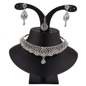 Indian Jewelry Austrian Crystal <b>Choker</b> Bridal <b>Necklace</b> Earrings Maang Tikka Jewellery Set <b>for</b> <b>Women</b>, Silver - Product Image 3