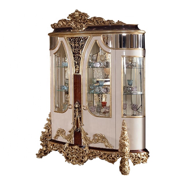 Великолепная мебель для гостиной цвета слоновой кости, витрина с золотыми ребрами, роскошный стеклянный шкаф в стиле барокко из массива дерева