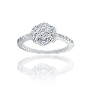 Anillo de Compromiso con Diamante Redondo Real de 1/2 TCW para Mujer en Oro Blanco |   Anillo de Diamantes con Halo Floral de Diseño, Joyería Fina para Fiestas - Product Image 1