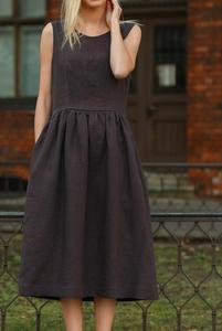 Robe midi noire sans manches 100 % lin, taille naturelle, col en V, coupe trapèze ample, formelle et décontractée, couleur unie, respirante, tissée, pour l'été - Product Image 3