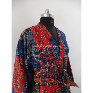 Ajrakh เสื้อคลุมอาบน้ำพิมพ์ลายหลากสี,ชุดคลุมอาบน้ำกิโมโนสไตล์ Kantha ผ้าห่มชุดนอนชุดเดรสยาวทำมือผ้าคอตตอน - Product Image 4