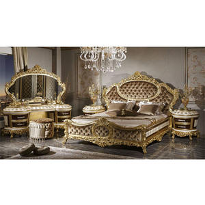 Juego de dormitorio de madera de teca imperio europeo de nuevo diseño, acabado marrón dorado real, muebles de dormitorio Barocco, dormitorio tallado de madera maciza - Product Image 1