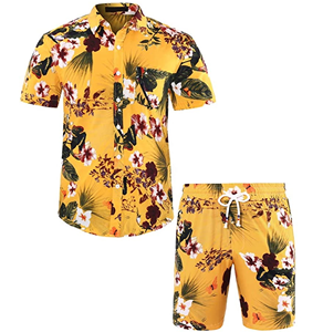 Ensemble d'été respirant à manches courtes pour homme, haut à boutons, tissu personnalisé décontracté à imprimé Floral, vente en gros - Product Image 1