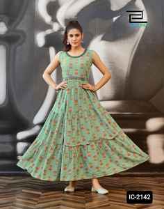 Indian Pakistani Style Long Gown Style Rayon Sleeveless <b>Kurtis</b> with Embroidery Work Heavy Belt <b>for</b> <b>Women</b> Western Style <b>Kurtis</b> - Product Image 3
