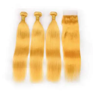 भारतीय पीले ओरिएंटल से बंद होने के साथ मानव बाल बंडलों बाल, कच्चे असंसाधित वर्जिन रंग बाल बंडलों